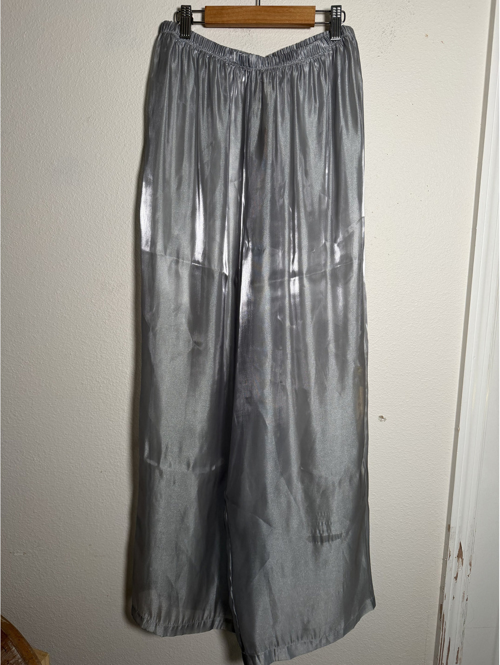 SKIMS Silver Satin Wide Leg Pants Metallic Elastic Waist NWT
